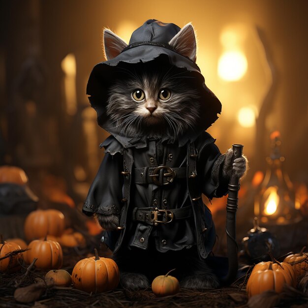 Słodki kotek przebrany za Halloweenową czarownicę z kapeluszem i dynią Czarny kot w kapeluszu wiedźmy