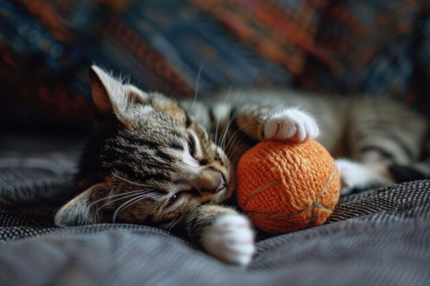 Słodki kotek przytula się i bawi pomarańczową kulką do dziania na przytulnej powierzchni tkaniny