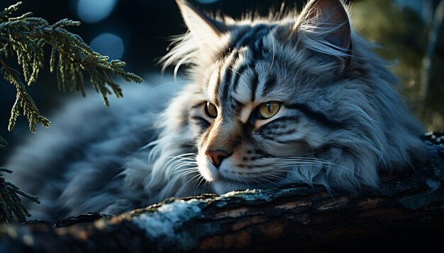Zdjęcie słodki kotek siedzący na gałęzi wpatruje się w kamerę wygenerowaną przez sztuczną inteligencję