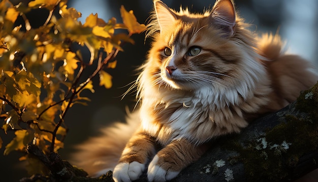 Zdjęcie słodki kotek siedzi na gałęzi i patrzy na kamerę otoczoną naturą generowaną przez sztuczną inteligencję