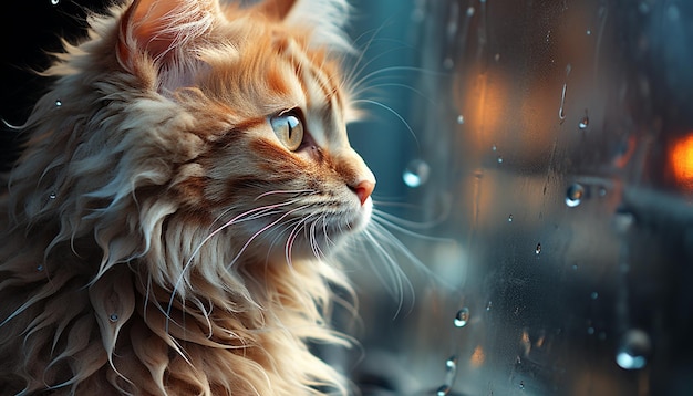Słodki kotek siedzi przy oknie i wpatruje się w deszcz generowany przez sztuczną inteligencję