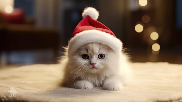 Słodki kotek w kapeluszu Świętego Mikołaja