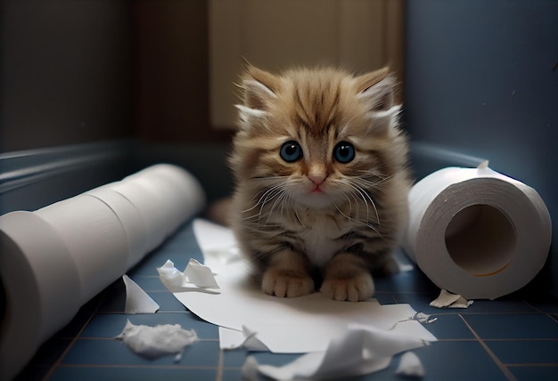 Słodki kotek w łazience rozdarł stos papieru toaletowego na podłodze Generuj Ai