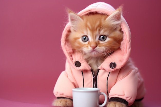 Słodki kotek w różowej kurtce z filiżanką kawy.