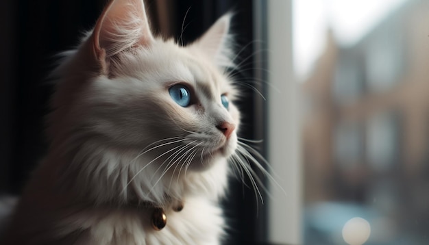 Słodki kotek wpatrujący się w niebieskie oczy, puszyste futro i figlarną ciekawość generowaną przez sztuczną inteligencję