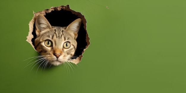 Słodki kotek wyglądający przez dziurę w ścianie rozdarta dziura pusta makieta ramki przestrzeń Generatywny obraz AI weber