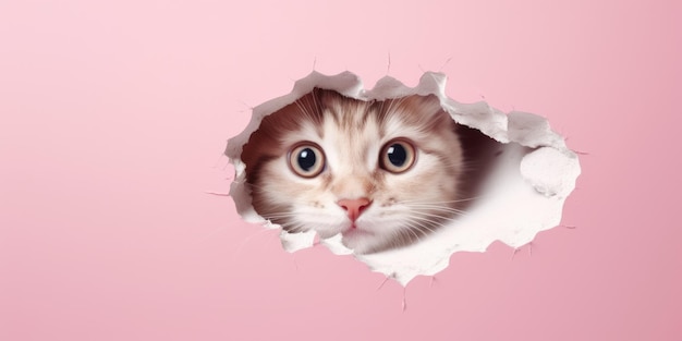 Słodki kotek wystający z dziury w ścianie rozdarty otwór makieta pustej przestrzeni kopiowania Generative AI image weber