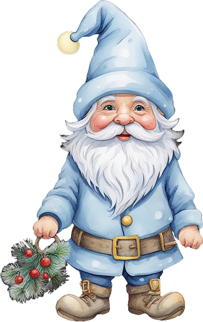 Słodki krasnolud Święty Mikołaj z niebieskim kolorem przezroczystym tłem w stylu akwarelu Słodkie kreskówki Ill