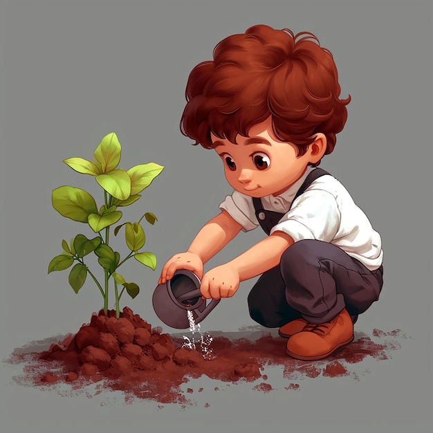 Słodki kreskówkowy chłopiec podlewający młodą roślinę