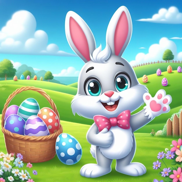 Słodki kreskówkowy królik wielkanocny Czas Wielkanocny Kartka zaproszenia wygenerowana przez AI