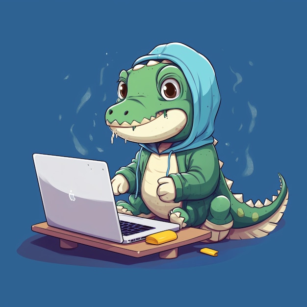 Zdjęcie słodki krokodyl, postać z kreskówki, student studiujący.