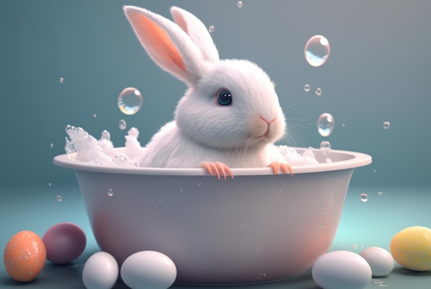 Słodki króliczek biorący kąpiel w wannie z kulkami generatywnymi ai