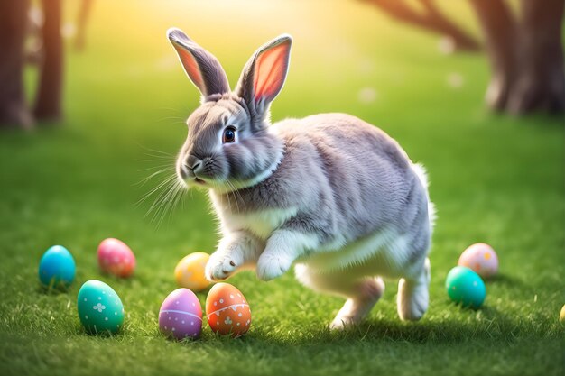 Zdjęcie słodki króliczek wielkanocny skaczący na zielonej trawie wśród kolorowych jaj