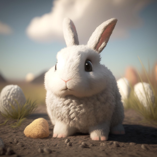 Słodki króliczek z białą twarzą i czarnymi oczami siedzi przed polem trawy