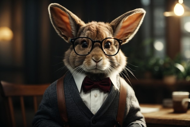 Słodki królik noszący okulary i krawat na rozmazanym tle