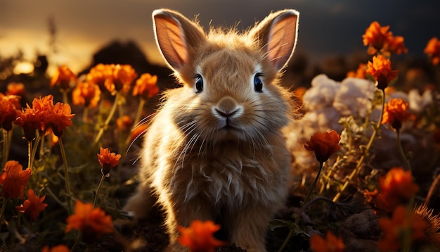 Słodki królik siedzący na trawie i cieszący się pięknem natury generowanym przez sztuczną inteligencję
