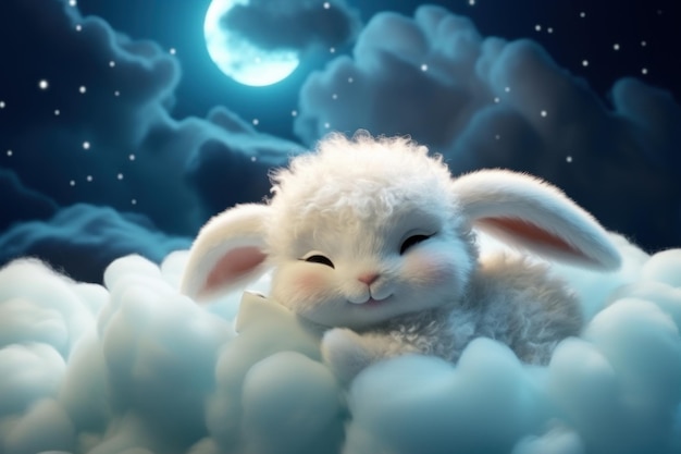 Słodki królik śpiący w nocnych chmurach dziecięca ilustracja kołysanki