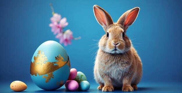 Słodki królik stojący obok jaj Dzień Wielkanocny na niebieskim tle