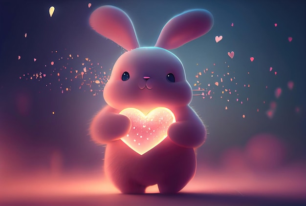 Słodki królik trzymający świecące serce Generative AI