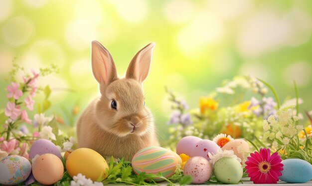 Słodki królik, uroczy królik z jajkami wielkanocnymi i wiosennymi kwiatami.