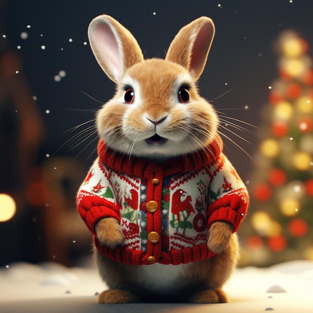 Słodki królik w ciepłym swetrze i chustce na tle choinki Ai Generated