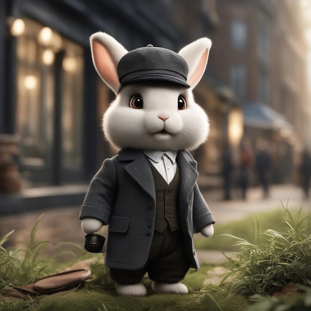 Słodki królik w garniturze stoi na ulicy