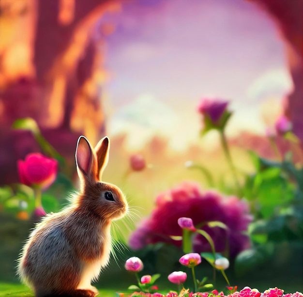 Słodki królik w polu piwonii rok królika 2023