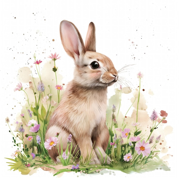 Słodki królik w trawie pastelowe kwiaty ilustracja akwarelowa