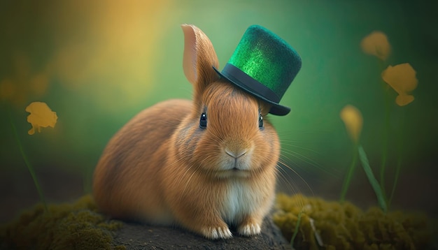 Słodki królik w zielonym kapeluszu z okazji Dnia Świętego Patryka na niewyraźnym tle Generacyjna sztuczna inteligencja
