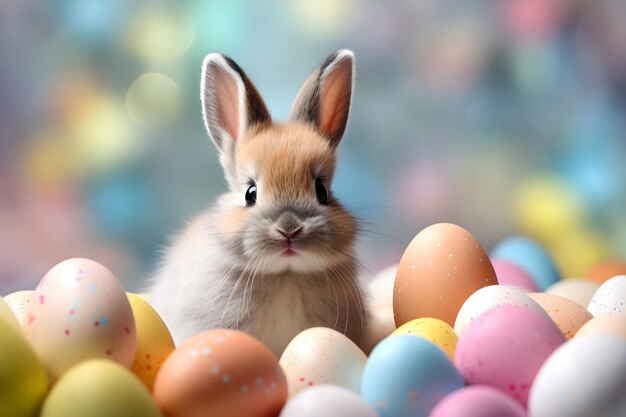 Zdjęcie słodki królik wielkanocny i jaja wielkanocne w kolorze pastelowym generatywna sztuczna inteligencja