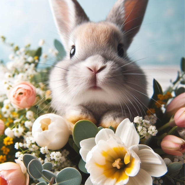 Słodki królik wielkanocny i wiosenne kwiaty na białym tle