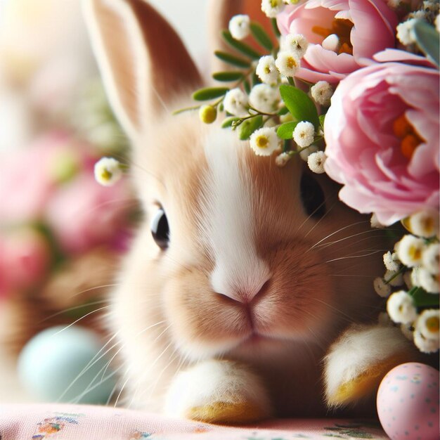 Słodki królik wielkanocny i wiosenne kwiaty na białym tle