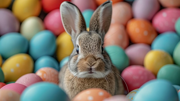 Słodki królik wielkanocny na tle kolorowych jajek wielkanocnych generatywna sztuczna inteligencja