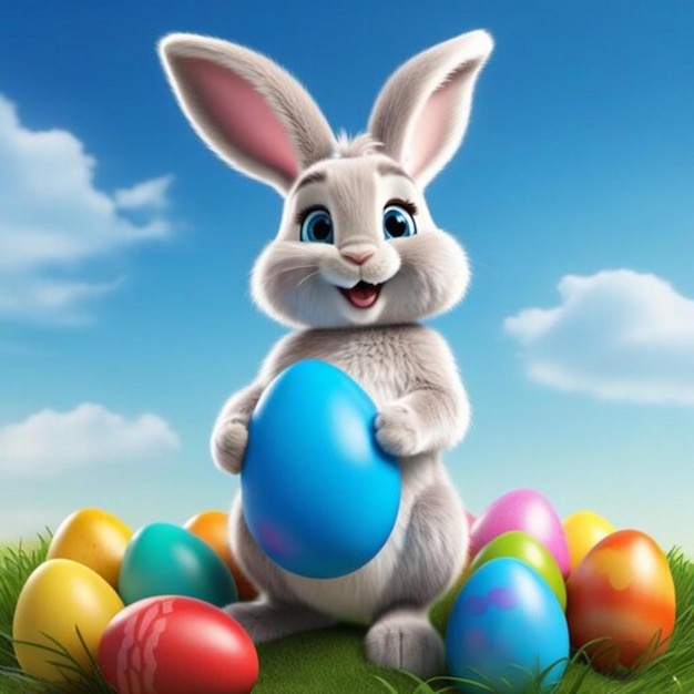 Słodki królik wielkanocny trzyma malowane jajko w łapce w przyrodzie