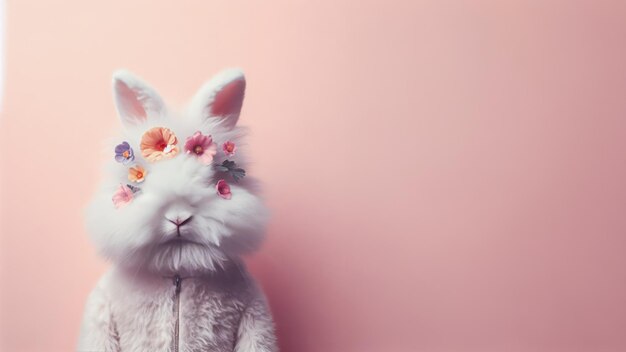 Zdjęcie słodki królik wielkanocny z kwiatem na tle pastelowym szczęśliwego konceptu wielkanocnego