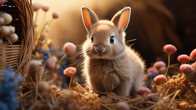Słodki królik wśród wiosennych kwiatów