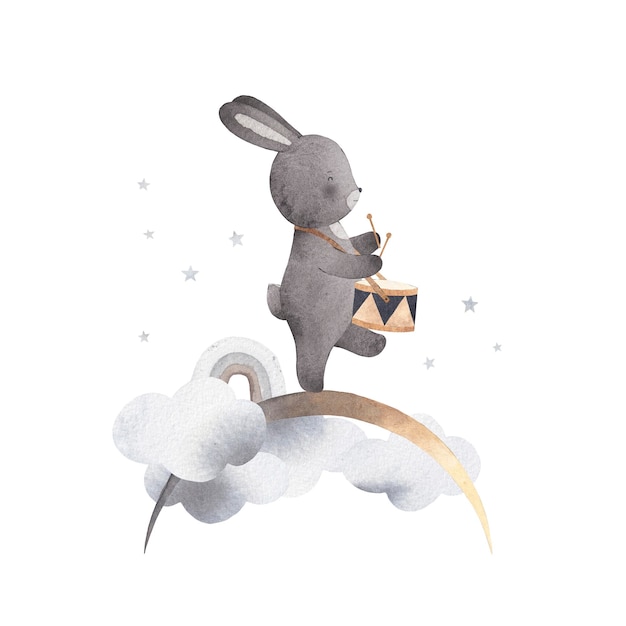 Zdjęcie słodki królik z bębnem na tle księżycowych chmur i gwiazd ilustracja akwarelowa