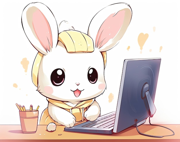 Zdjęcie słodki królik z kreskówki używający laptopa