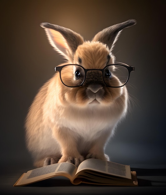 Zdjęcie słodki królik z okularami i książeczką o bajkach na dobranoc