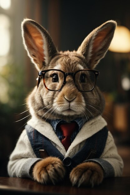 Zdjęcie słodki królik z okularami i pałeczką w ciemnym pokoju