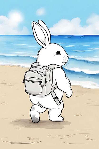 Słodki królik z plecakiem na spacerze po plaży Próbka kolorowanki do kolorowania