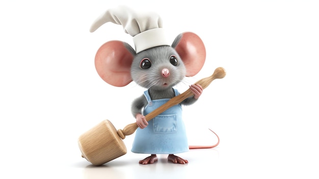 Zdjęcie słodki kucharz myszy w fartuchu i toque trzymający drewnianą rolkę izolowaną na białym tle rendering 3d