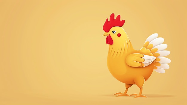 Słodki kurczak z kreskówki stoi po prawej stronie obrazu i patrzy na kamerę z ciekawym wyrazem twarzy
