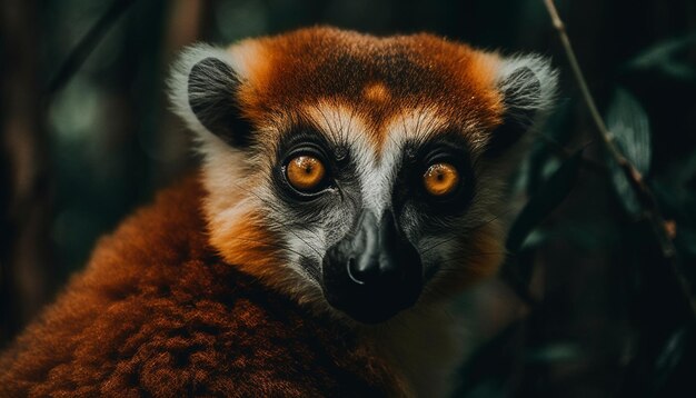 Słodki lemur patrzący w kamerę w tropikalnym lesie deszczowym z bliska generowany przez sztuczną inteligencję