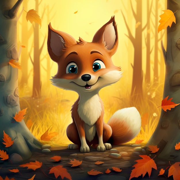 Słodki lis kreskówkowy w jesiennym lesie Jesienna ilustracja