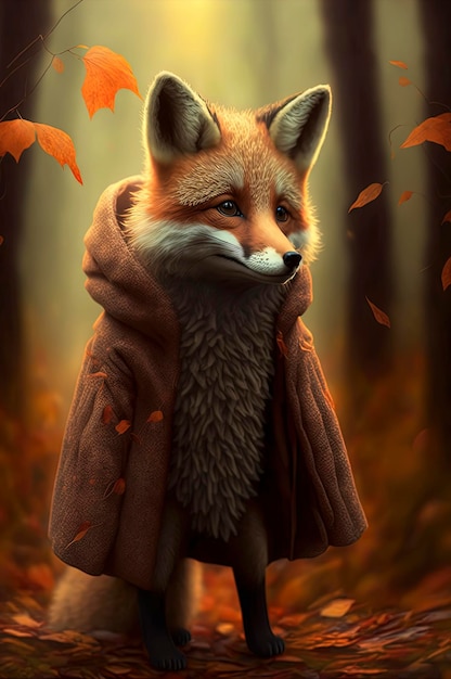 Słodki lis w lesie lis ubrany w ciepły wełniany płaszcz