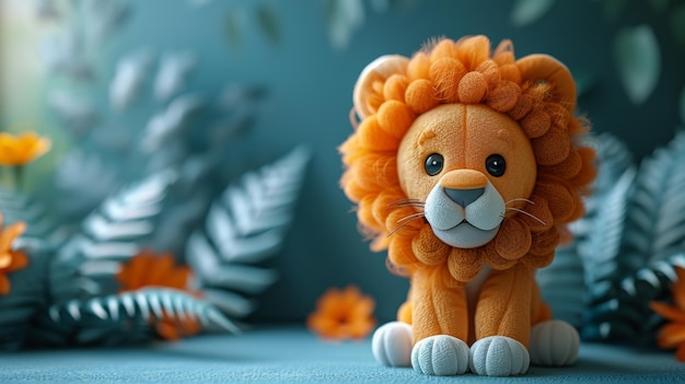 Słodki lwiec zabawka na niebieskim tle z liśćmi kopiować przestrzeń