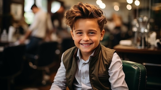 Słodki mały chłopiec obcina włosy u fryzjera w fryzjerce.