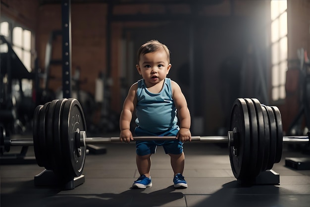 Słodki mały chłopiec podnoszący sztankę Fitness i zdrowy styl życia