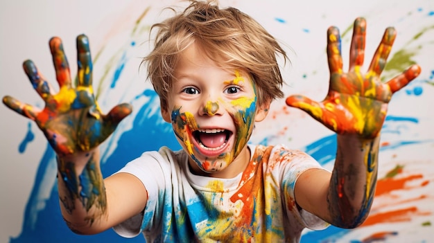 Słodki mały chłopiec śmiejący się razem i bawiący się farbami namalowanymi skórzanymi rękami portret dziecka